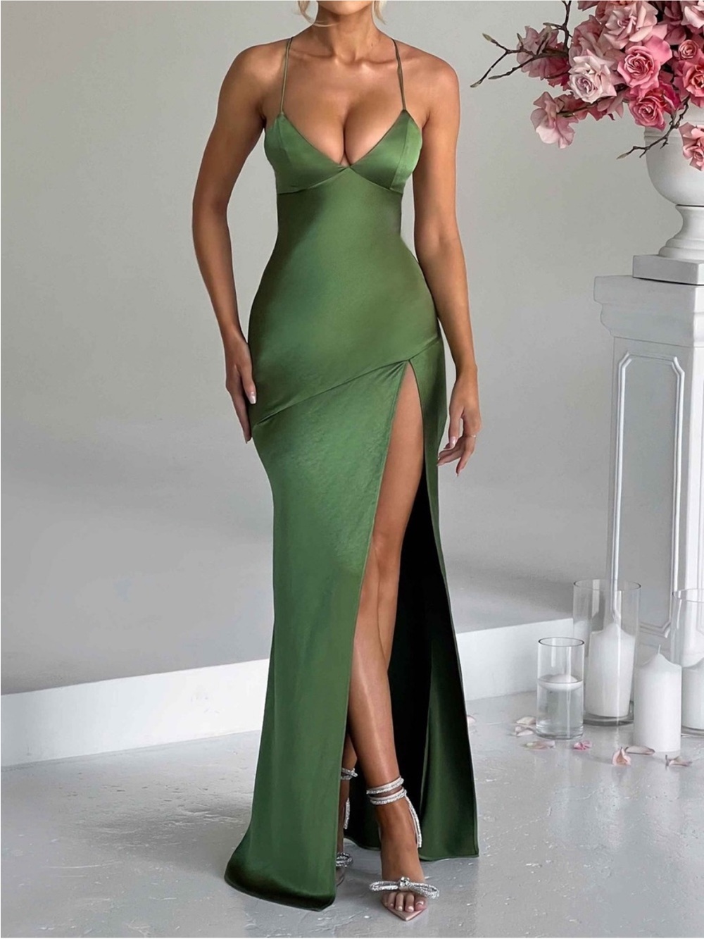 Babyboo Satin Green Spaghetti-Strap Maxi Dress with High Slit